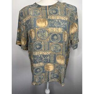 VTG Christie & Jill 100% Silk Short Sleeve Blouse Women's Large Gold Greek